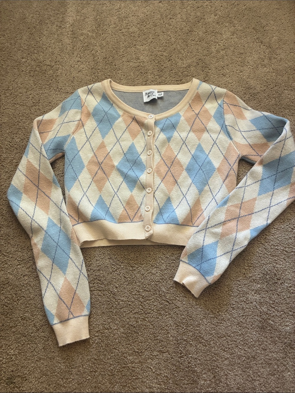 Princess Polly Soleil Argyle Cropped Cardigan Sweater Cream Blue XS/S